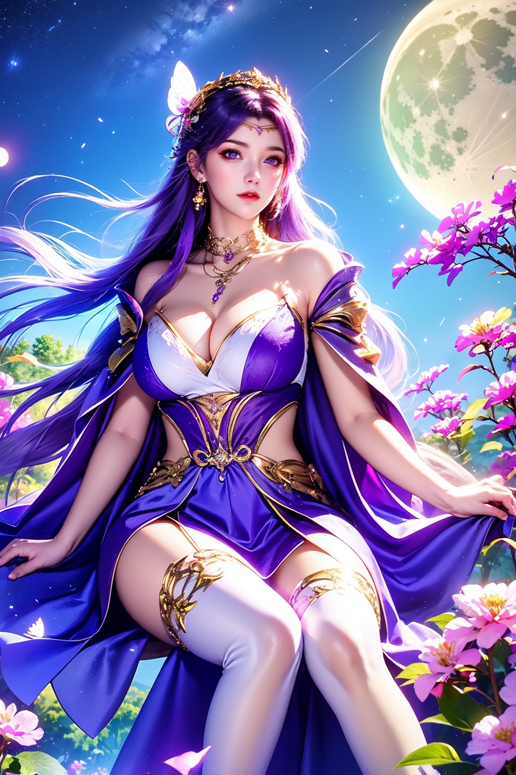 1girl, jewelry, solo, thighhighs, purple hair, moon, dress, breasts, earrings, necklace, long hair, sitting, night, purple dress, purple eyes, white thighhighs, looking at viewer, cleavage, petals, large breasts, sky, star \(sky\), night sky, full moon, flower, hair ornament, falling petals, butterfly, tiara, red lips, bug, realistic, starry sky, parted lips, bare shoulders, clothing cutout, shoulder cutout, collarbone