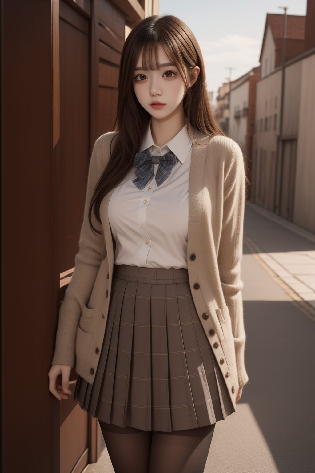 masterpiece,best quality,extremely detailed 8K wallpaper,1girl,JK,plaid skirt,school uniform,pantyhose,long hair,<lora:capricornus _前任回忆录_V2.5:0.8>,standing,