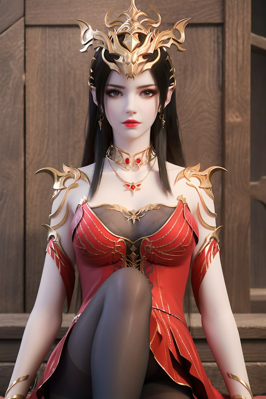 crystalstexture skin,best quality,masterpiece,ultra detailed,8k,RAW photo,realistic,photorealistic,ultra-detailed,intricate detail,extremely detailed,delicate pattern,masterpiece,looking at viewer,<lora:C_斗破苍穹_美杜莎_新衣_FEB:0.7>,1girl,red dress,solo,earrings,hair ornament,long hair,pointy ears,black hair,necklace,bare shoulders,sitting,pantyhose,