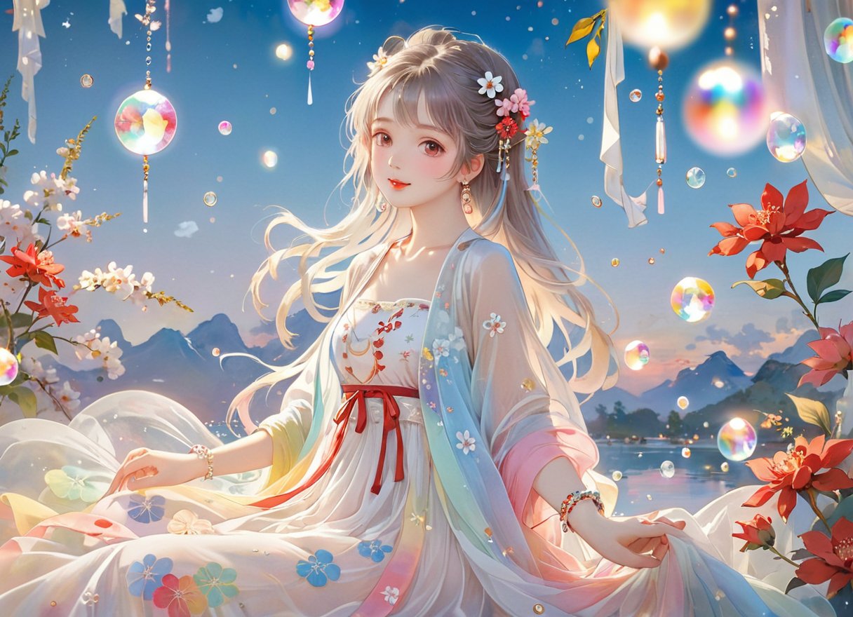 Colorful colors,surrounded by water bubbles,oil paintings painted in anime style,chinese girls,,(red_flowers foreground:1.6),(starrysky:1.4),1girl among colorful_flowers,(dynamic pose:1.4),(face and body blocked by flowers:1.6),look at viewer,light smile,small breasts,(tulle white_dresses:1.3),white gow hair flower,pearl bracelet,drop earrings,pendant,BREAKdim.warm light,backlighting,romantic setting,dreamy pastel palette,(highly detailed body, highly detailed face:1.2),(medium shot:1.4),(from below:1.3),High resolution scan,BREAKTransparent texture of clothing,light refraction,rendering light,White,pink,light blue,light yellow,rainbow color,Transparent silk,gauze,sexy,seductive,Ice and snow,light blue,printed clothes,hanfu, bokeh photography,(soft focus:1.2),out-of-focus highlights,dreamy ambiance,glowing circles,mesmerizing dep,full_body,flowers ,(innocent grey),fox girl,fairy <lora:青绿汉服:0.741> <lora:神明少女:0.651><lora:古风动漫美女XL_古风动漫美女XL_v1.0:0.51>barefoot, 