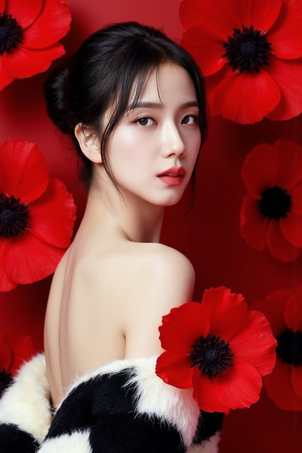 The image showcases a young korean woman with her hair elegantly styled in an updo, emphasizing her delicate and refined features. She is positioned against a strikingly vibrant red background, which is filled with large, bold poppies. The red poppies dominate the composition, adding a dramatic and intense contrast to her skin tone and overall appearance.The woman is dressed in a black and white fur-like garment, which drapes softly over her shoulders, leaving her upper back and one shoulder exposed. Her expression is calm and slightly mysterious, with her gaze directed slightly to the side, away from the camera. The large poppies, some of which overlap with her figure, create a dreamy and surreal atmosphere, as if she is blending into or emerging from the floral background., <lora:flux_realism_lora:1>, <lora:makinaflux_jisoo_v1.0:1>