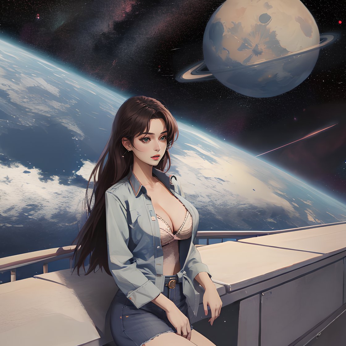 (high quality, masterpiece), eotw_lora, solo, 1girl, portrait, sexy, breast, bridge, space, planet behind, starry sky, <lora:Edge_World-08:1>