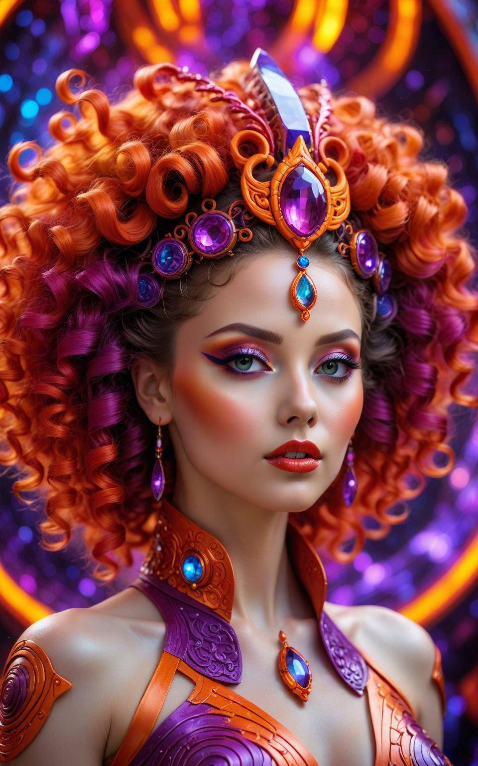 (best quality,8K,highres,masterpiece), ultra-detailed, (portrait of a woman with intricate, vibrant hair and a futuristic, ethereal style), portrayal of a woman with mesmerizing, colorful curls in shades of orange, red, and purple. She wears a headpiece with a glowing central gem. The background is an intricate pattern of swirling designs, emphasizing a futuristic and surreal aesthetic. The woman's expression is serene and captivating, with detailed facial features and a focus on her striking hair and adornments.