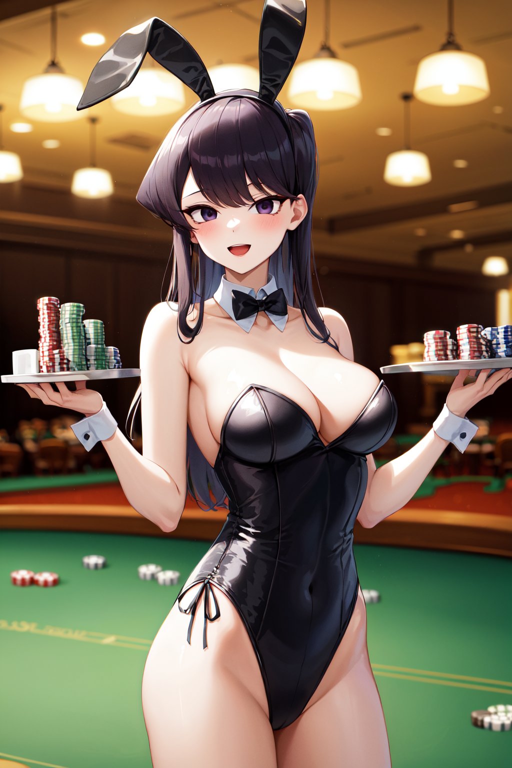 masterpiece, best quality, highres, aashouko, long hair, breasts, <lora:komi_shouko_v1:0.7>, rabbit ears, playboy bunny, bare shoulders, standing, cowboy shot, casino, smile, open mouth, holding tray, 