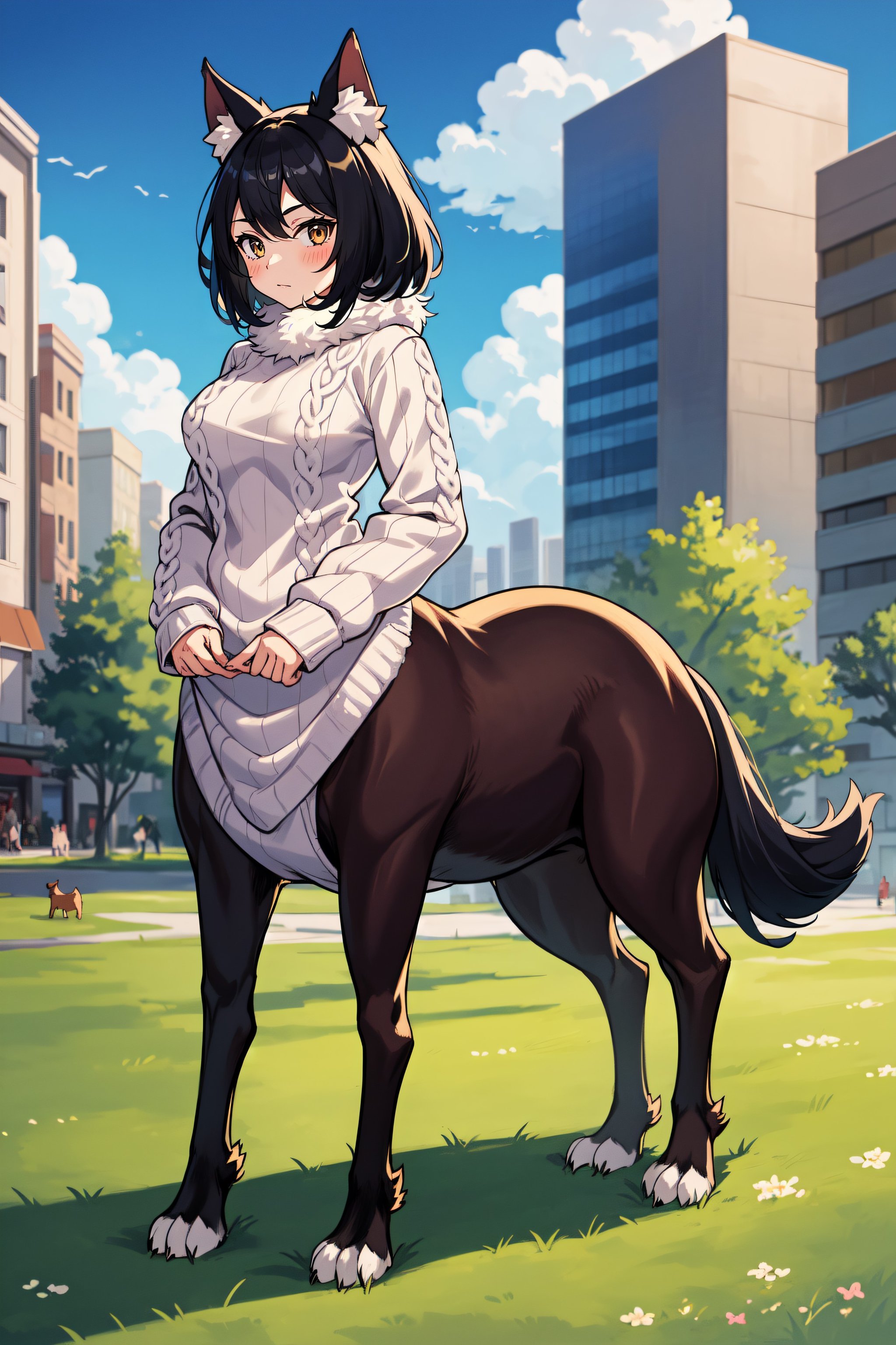 1girl, dog taur, (fluffy, fur), sweater, city, full body,