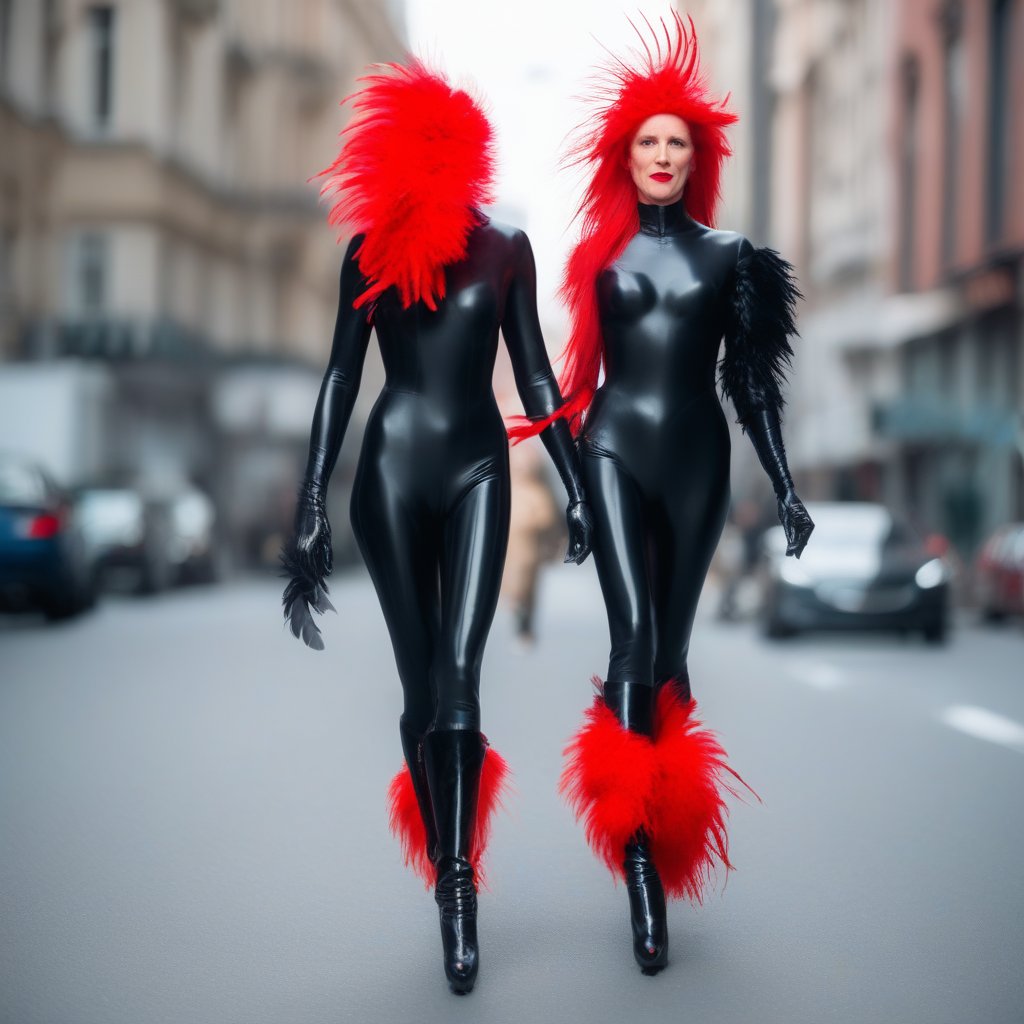 A  slim woman with large breests and a red feathered mullet in a blacl	Plan Catsuit, walking in a city.