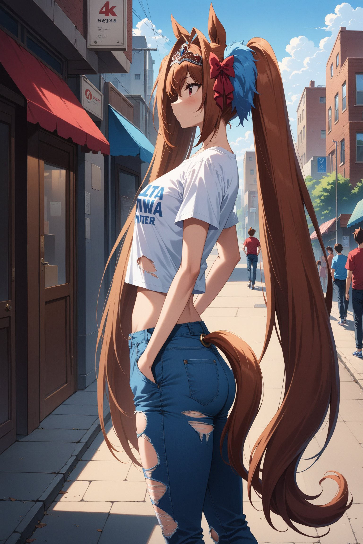 (masterpiece, best quality, very aesthetic, ultra detailed), intricate details, 4k, anime style, aadaiwa, long hair, twintails, hair bow, animal ears, tiara, horse tail, <lora:daiwa_scalet_XL_v1:0.9>, t-shirt, midriff, torn jeans, street, standing, hand in pocket, from side,