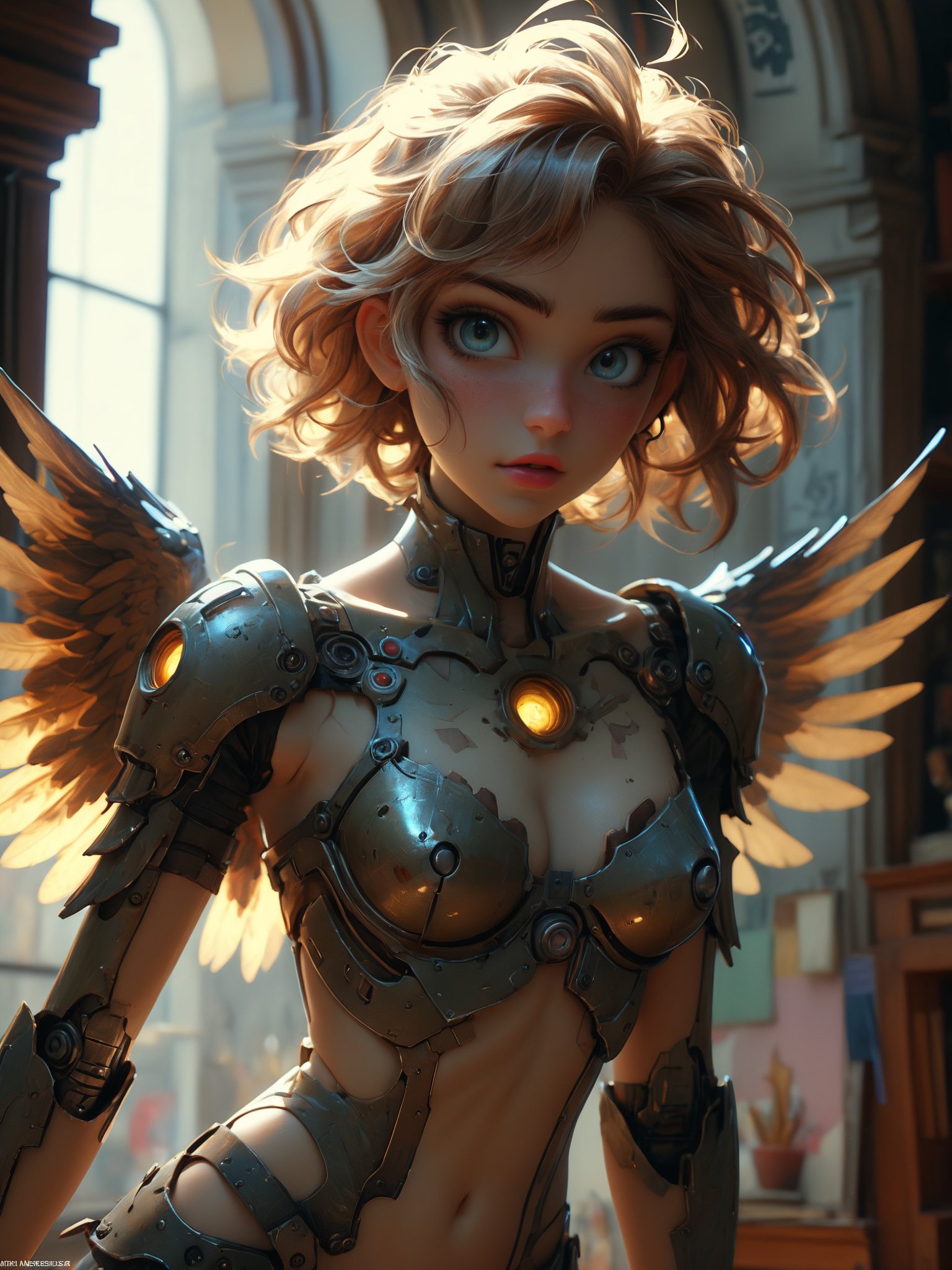 In Casey Baugh's evocative style, (masterpiece, 8k, 4k, extremely detailed, dynamic shading, best quality, absurdres:1.4) , (best quality, masterpiece, colorful, dynamic angle, highest detailed)upper body photo, full body photo, fashion photography of cute mechangel, glowing 4 wings, solo, glowing armor, glowing halo, building, glowing mechanical 4 wings (intricate details, hyperdetailed:1.15), detailed, light passing through hair, (official art, extreme detailed, highest detailed) <lora:ral-embrglt:1> ral-embrglt(masterpiece, sidelighting, finely detailed beautiful eyes: 1.2), hdr, natural skin, chest armor, eye makeup, Baugh's distinctive style captures the essence of the girl's enigmatic nature, inviting viewers to explore the depths of her soul, award winning art <lora:aesthetic_anime_v1s:1>,  epic action, Unreal Engine, cinematic award winning artwork, many details, extreme detailed, full of details,Wide range of colors., dramatic, Dynamic,Cinematic,Sharp details, Insane quality. Insane resolution. Insane details. Masterpiece. 32k resolution. casting shadow style, cucoloris patterned illumination,  dvr-lnds-sdxl, ral-dissolve, ral-ertmsphr, ral-porcelain, ral-pxlprtcl, Niji, aidma-niji