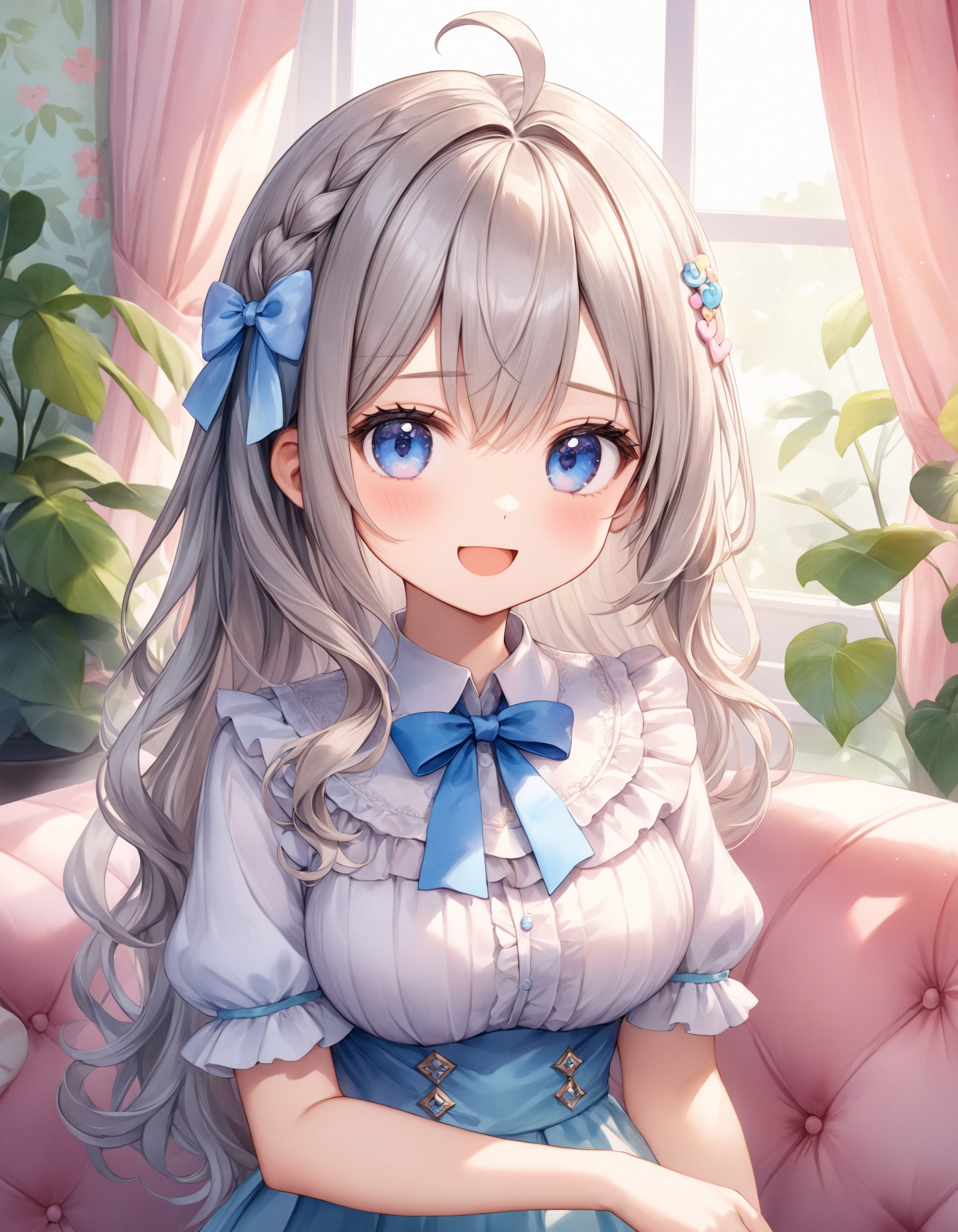 Portrait. Face focus. Shooting from front. A cute girl. (Chibi:0.9). (Cute round face:1.2). Detailed dark-blue eyes. Long wavy hair with big ribbon hair ornament, (gray hair), (gray inner hair), ahoge and hair between eyes. Detailed slender body. Large breasts. White ruffled blouse, saxe-blue ribbon tie, short ruffled sleeves and layerd skirt. Amused expression. Open mouth. Head tilt. Looking at viewer. Fashionable cafe living room. Decorative plants. Pastel pink sofa. Pastel cute curtains. Pastel cute wallpaper. Daytime. (Natural lighting:1.4). Cute style. Watercolor. Intricate details. Extremely detailed. Outstanding intricacies. (Masterpiece:1.2). (Best quality:1.2). (Absurdres absolutely resolution:1.4).