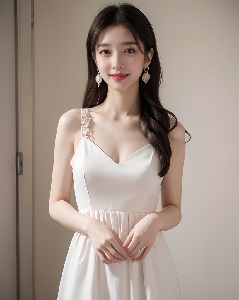 best quality,masterpiece,ultra high res,1girl,black hair,dress,earrings,korean clothes,lips,long hair,looking at viewer,pink rose,realistic,sleeveless,smile,solo,white dress,medium breasts,