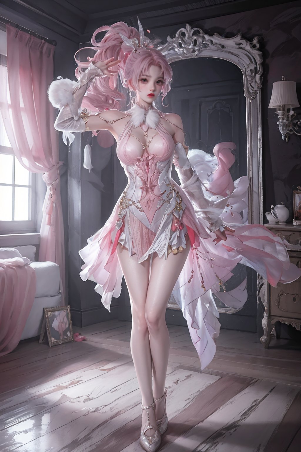 solo,1girl,dress,pink skirt,high ponytail,pink-haired girl \(kay yu\),high heels,bunny ears,thigh gap,standing,<lora:future0516-xiaowu:0.8>,bedroom,seiza,, best quality,masterpiece,highres,official art,extremely detailed cg unity 8k wallpaper,