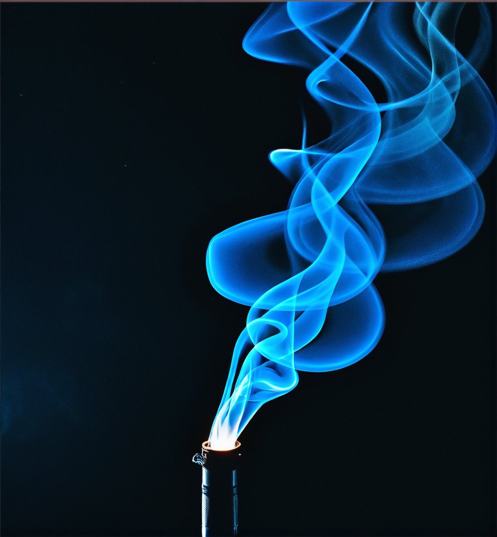 Mysterious image capturing the dance of smoke under a spotlight, smoke tendrils swirling gracefully, cool blue color palette, dark background, sharp focus on the illuminated smoke, abstract, ethereal quality, simple composition, inspired by moody atmospheric photography, high quality.