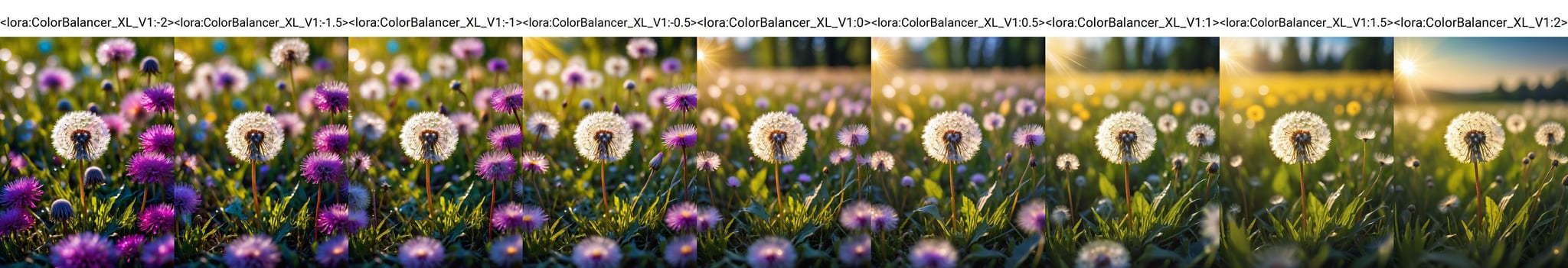 (best quality,8K,highres,masterpiece), ultra-detailed, (beam of light illuminating a dandelion flower in a vibrant flower-filled field), a breathtaking scene where a beam of light shines down to illuminate a single dandelion flower in the midst of a beautiful and vibrant flower-filled field. The focus is on the interplay between the vibrant colors of the light and the delicate beauty of the dandelion flower. Every detail of the scene is rendered with precision and care, capturing the enchanting atmosphere of the flower-filled field bathed in the warm glow of the sunlight. The composition is both serene and captivating, inviting viewers to marvel at the beauty of nature's radiance. <lora:ColorBalancer_XL_V1:-2>