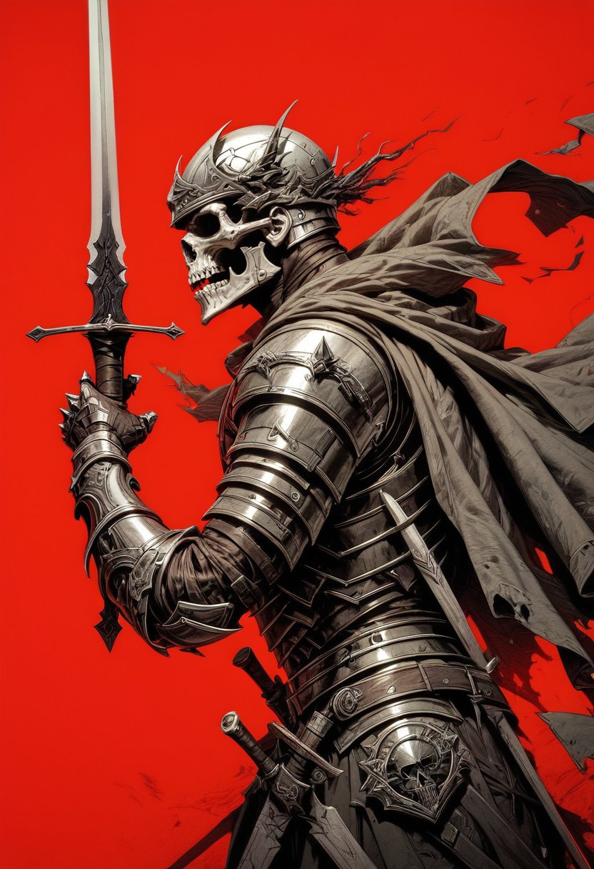 (score_9, score_8_up), score_7_up, zPDXL, solo, 1boy, holding, monochrome, weapon, from side, red background, flowly cape, male focus, sword, holding weapon, armor, holding sword, helmet, shoulder armor, gauntlets, spot color, pauldrons, skull, planted, full armor, planted sword, helm,<lora:GRIM_v1:0.9>