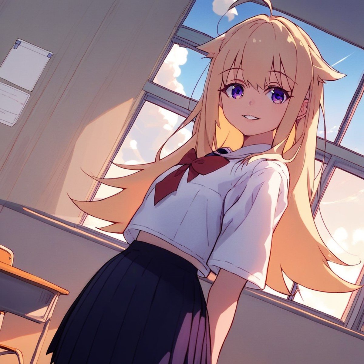 score_9, score_8_up, score_7_up, source_anime, torako, blonde hair, long hair, hair flaps, ahoge, purple eyes, school uniform, pleated skirt, classroom, window, clear sky, clouds, smile, parted lips, looking at viewer, cowboy shot, dutch angle, solo,