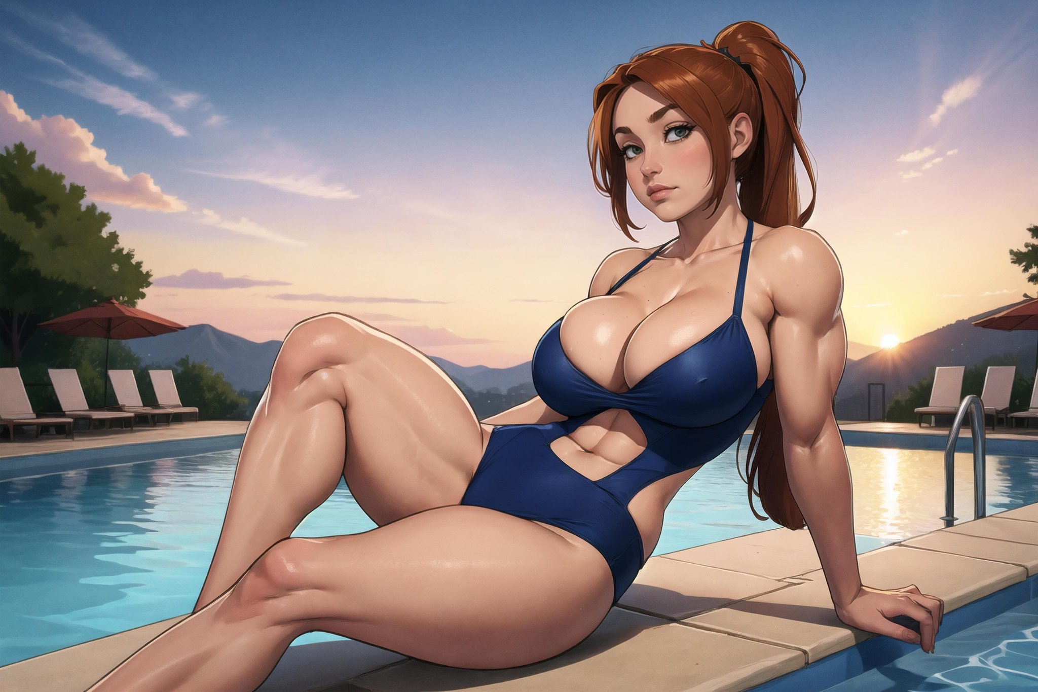 large ponytail, large breasts, sagging breasts, cleavage, sitting, leaning back, poolside, sunset, (masterpiece), (best quality:1.2), absurdres, intricate details, (highly detailed skin:1.2), <lora:5_femuscle:0.4>, femuscle, 