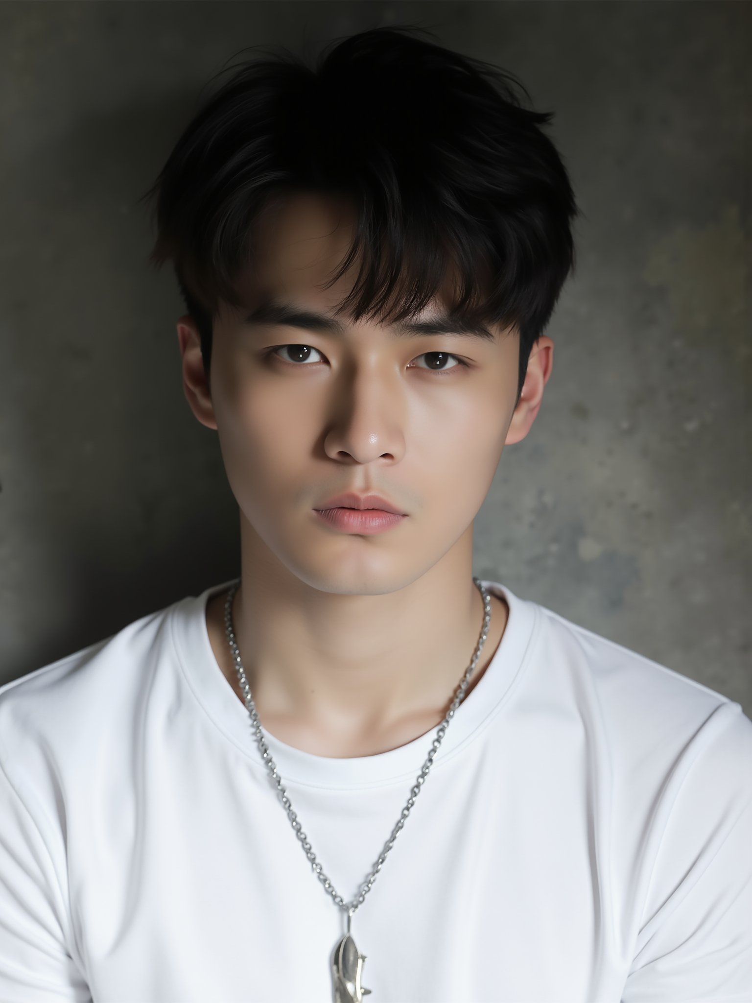 tianhai boy, photograph, close-up portrait of a young man, soft lighting, neutral expression, short dark hair, wearing a white t-shirt, chain necklace with a feather pendant, concrete wall background, contemplative mood..<lora:光影人像v2.0:0.8>