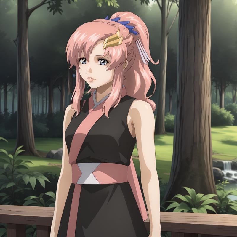 <lora:LacusClyneXLpony002>,looking at viewer,parted lips,solo,LacusClyne,1girl,pink hair,ponytail,blue eyes,hair ornament,black costume,sleeveless,bare shoulders,pink sash,short skirt,thighhighs,outdoors,nature,standing,upper body,