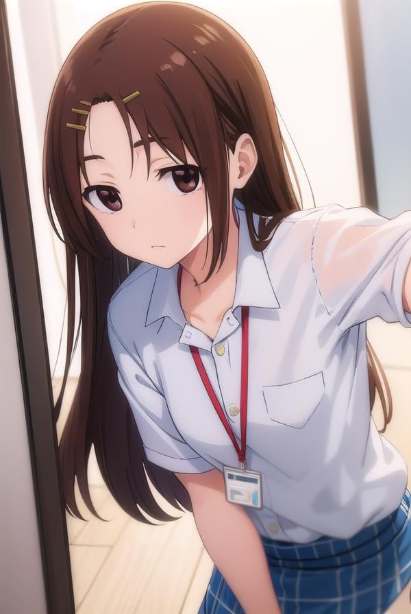 megumichihaya, <lora:megumi chihaya s1-lora-nochekaiser:1>,megumi chihaya, long hair, brown hair, hair ornament, (brown eyes:1.5), hairclip,BREAK skirt, shirt, white shirt, blue skirt, office lady, id card, lanyard,BREAK indoors, office,BREAK looking at viewer, (cowboy shot:1.5),BREAK <lyco:GoodHands-beta2:1>, (masterpiece:1.2), best quality, high resolution, unity 8k wallpaper, (illustration:0.8), (beautiful detailed eyes:1.6), extremely detailed face, perfect lighting, extremely detailed CG, (perfect hands, perfect anatomy),