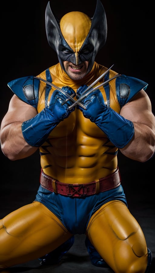 a man in a wolverine costume is posing for a picture with his claws out and his hands out,, Adam Rex, marvel comics, a character portrait, plasticien <lora:WOLVERINE:0.8>