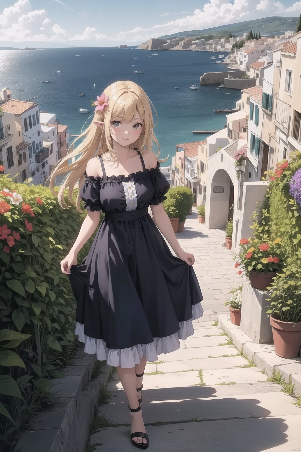 masterpiece, (best quality, ultra-detailed:1.6), (ultra high res:1.5),super fine (anime),(sharp focus), (insanely detailed:1.3),detailed face,(perfect anatomy), delicate (anime illustration), 1 cute girl,pointy ears,kindly smile,smily eyes,outdoor,(flower bloomingGreek townscape,overlooking the mediterranean sea,photorealistic background:1.3), panorama view,full body,in fantasy world,no holding,full body,beautiful ruffle dress, Medium shot