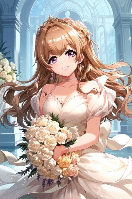 score_9, score_8_up, score_7_up, score_6_up, <lora:Kase_Mana:0.9> kase, 1girl, flower, dress, bouquet, solo, long hair, jewelry, earrings, purple eyes, tiara, holding bouquet, brown hair, smile, rose, looking at viewer, bday