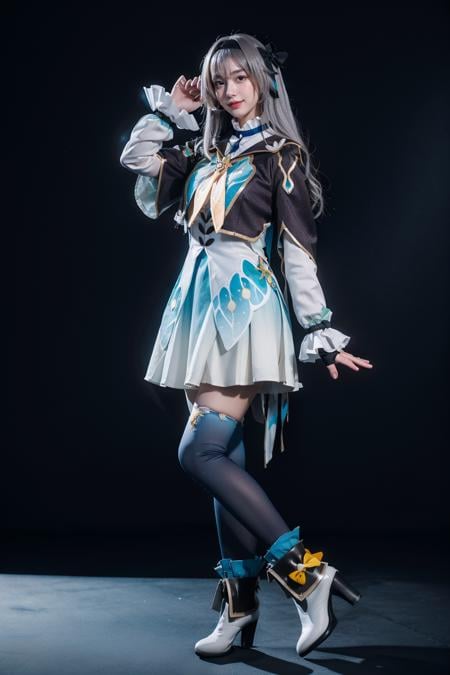 best quality,masterpiece,realistic,photorealistic,1girl,solo,smile,looking at viewer,standing,full body,arm at side,firefly cosplay costume,cosplay,long hair,grey hair,dress,cropped jacket,capelet,shirt,skirt,long sleeves,frilled sleeves,bow,neckerchief,ribbon,fingerless gloves,hairband,hair bow,hair ornament,gradient legwear,gradient thighhighs,ankle boots,high heel boots,simple grey background,<lora:Honkai_StarRail_Firefly_costplay_costume_v1:0.7>,