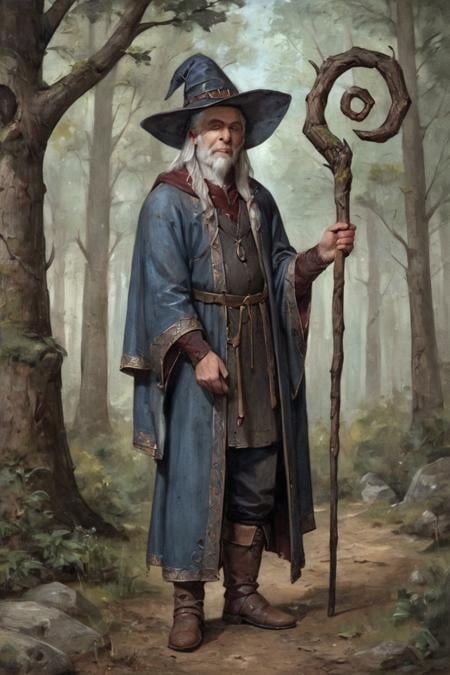 score_9, score_8_up, score_7_up, oil painting, traditional media, realistic, wizard, old, 1boy, old man, male focus, hat, beard, solo, staff, witch hat, facial hair, forest, nature, robe, long hair, looking at viewer, tree, holding, white hair, outdoors, holding staff, boots <lora:Cold Oil Gothic Style SDXL_LoRA_Pony Diffusion V6 XL:1>