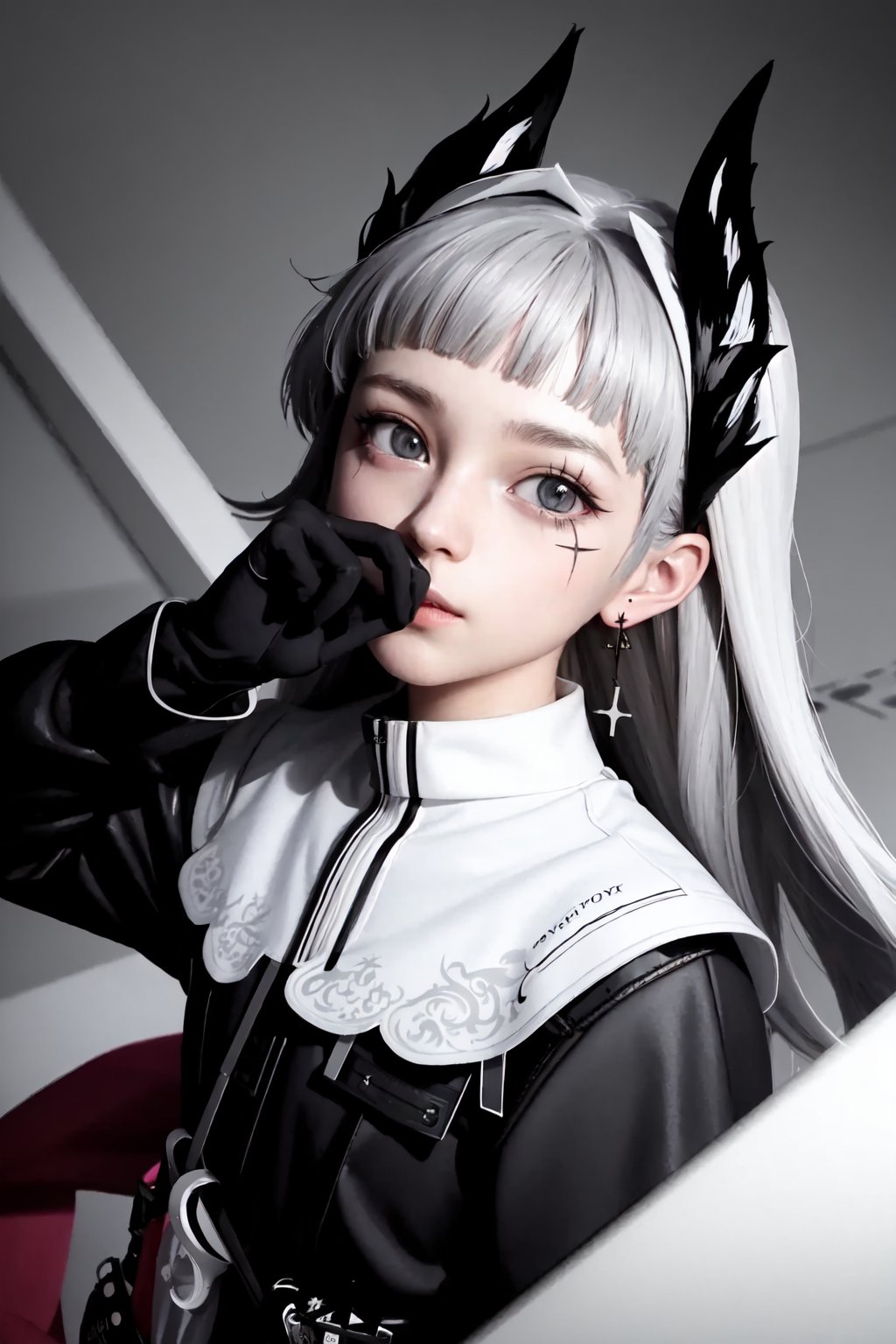 irene_(arknights),solo,head_wings,1girl,scar_across_eye,looking_at_viewer,earrings,black_gloves,long_sleeves,closed_mouth,black_jacket,scar_on_face<lora:irene_(arknights):1>,simple background,white backgroundmasterpiece,best quality, highly detailed, 