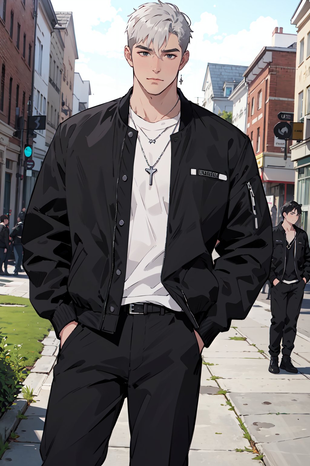 1boy,male focus,jewelry,black hair,jacket,outdoors,solo,shirt,hands in pockets,necklace,white shirt,short hair,black pants,black jacket,