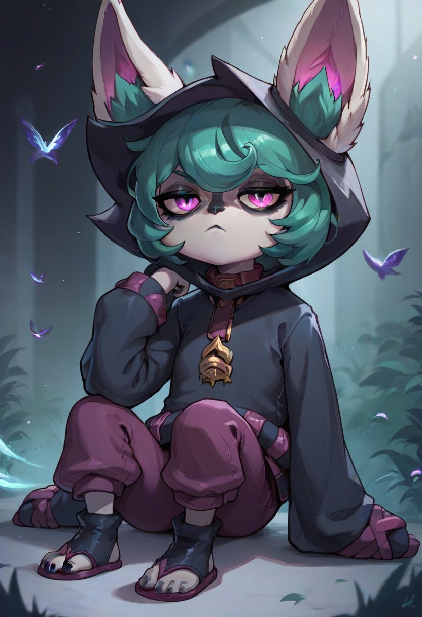 score_9, score_8_up, score_7_up, score_6_up, v3x, 1girl, yordle, pink eyes, green hair, short hair, hoodie, hood, hood up, ears through headwear, long sleeves, pants, toeless footwear, <lora:Vex_Default_v1:0.8>, solo, looking at viewer, sitting, (bored)