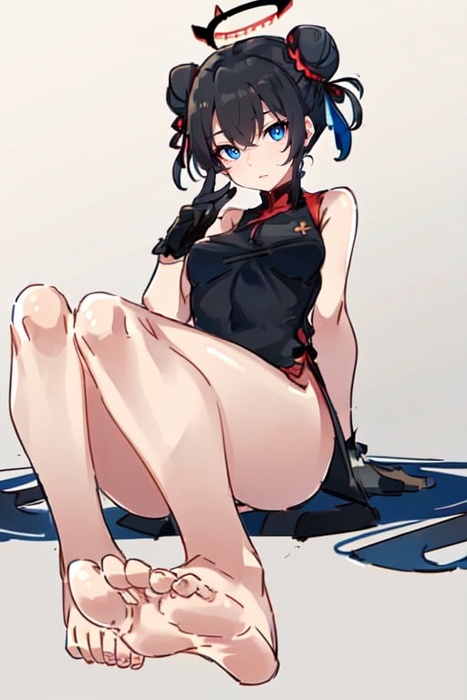 1girl,  feet,  barefoot,  toes,  foreshortening,  soles,  foot focus,  double bun,  china dress,  twintails,  hair bun,  chinese clothes,  bare legs,  sitting,  gradient background,  black dress,  blush,  bare shoulders,  black gloves,  black hair,  bangs,  closed mouth,  sleeveless dress,  blue eyes,  hair ornament,  medium breasts,  yang guifei (fate),  thighs,  full body,  bow,  looking to the side,  halo,  looking away,  bare arms,  grey background,<lora:EMS-296029-EMS:0.900000>