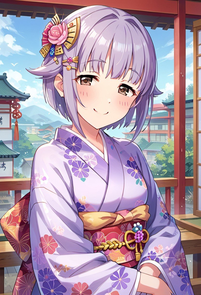 score_9, score_8_up, score_7_up, source_anime,koshimizu sachiko, short hair, purple hair, brown eyes, japanese clothes, kimono, 1girl, omikuji, hair ornament, hairclip, smile, blush