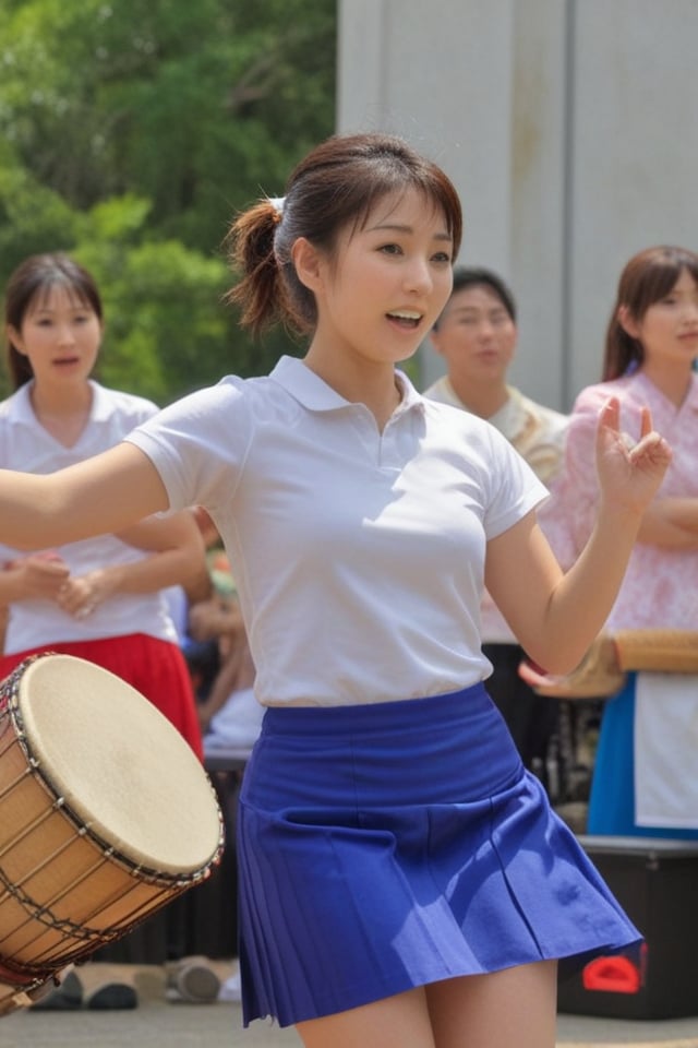 (vivid:1.2), HDR, 20yorealistic photo of a Japanese woman,"A badminton uniform with a dry-fit shirt and skirt.", cameltoe"A bustling Japanese summer festival. A woman claps along to the energetic beat of a taiko drum performance, her enthusiasm mirroring the vibrant energy of the crowd."