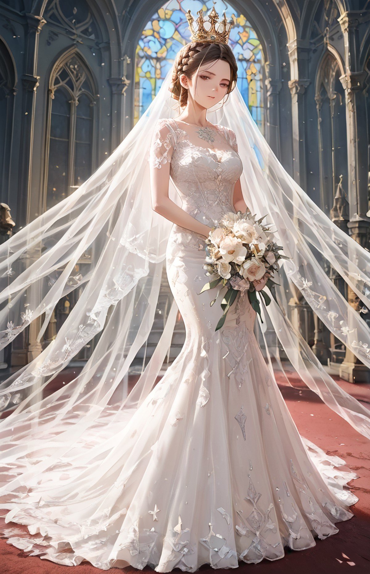 1girl, mermaid-line wedding dress, bridal veil, holding bridal bouquet, <lora:WD-XLPony_010:0.8>, HD, see-through, cathedral, red carpet, romantic, delicate design, assassin's creed \(series\), crown braid, lace applique, score_9, score_8_up, score_7_up , source_anime, masterpiece, best quality, perfect anatomy , very aesthetic , absurdres