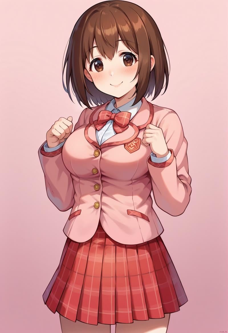 score_9, score_7_up, hd, (ultra hd quality details), source_anime, gradient background, pink background,solo, 1girl, large breasts, kusanoyuibase, brown hair,school uniform, pink jacket, red skirt, plaid skirt, looking at viewer, blush, smile,standing,<lora:_yui_pcr-elesico-ponyr1:1> 