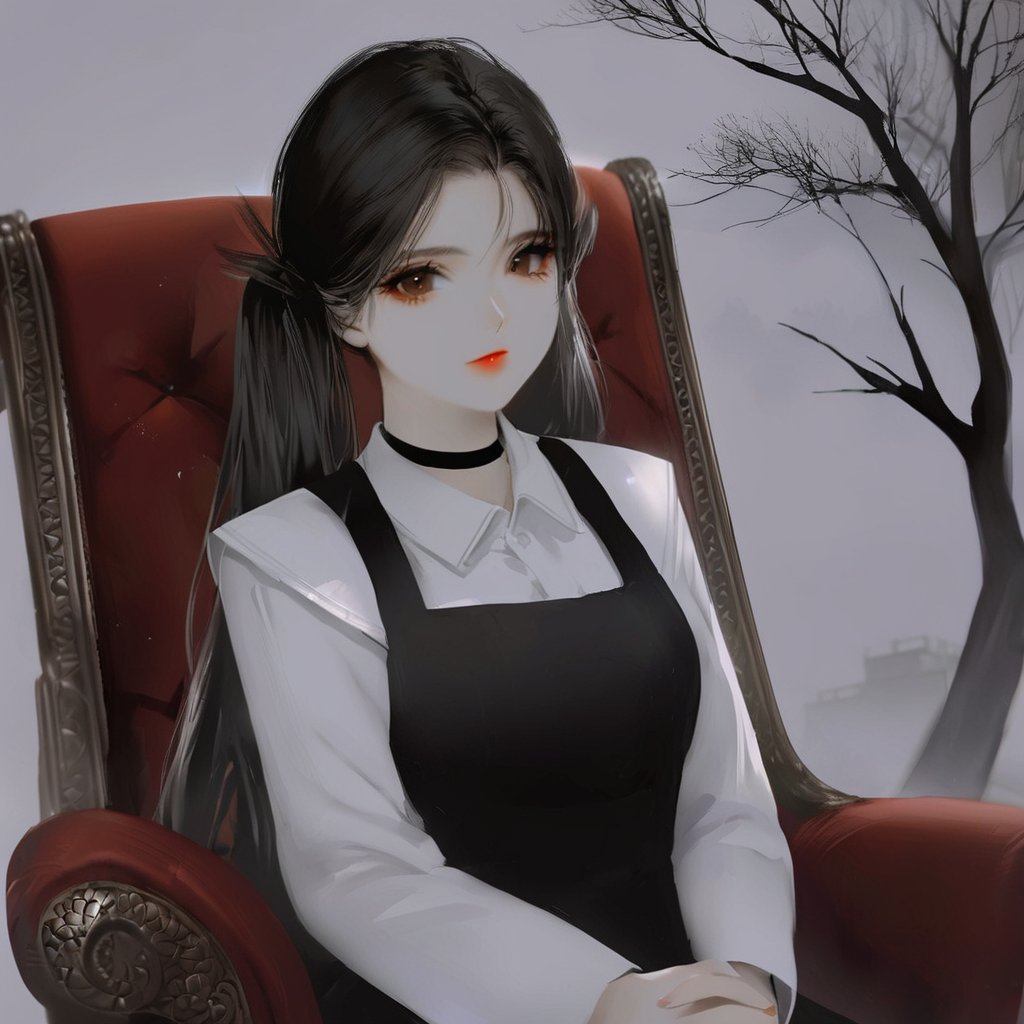 1girl, solo, shirt, dress, black dress, sitting, armchair, chair, own hands together, black hair, long sleeves, on chair, looking at viewer, white shirt, collared shirt, black choker, twintails, sleeveless dress, brown eyes, choker, closed mouth, long hair, red lips, grey background, sleeveless, interlocked fingers, bare tree, forehead, tree, fog,<lora:厚涂风格-000007:1>,