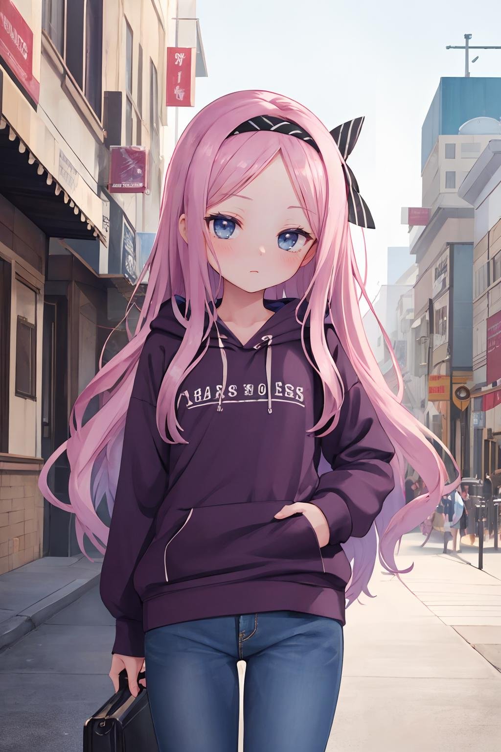 16k, highres, masterpiece, best quality, cinematic film still, a pinup of a girl, outdoors, hand in pocket, 1girl, szn, short petite, long hair, parted bangs, forehead, flat chest, <lora:suzune_v1.1:0.6> purple_hoodie, denim pants, hairband,, shallow depth of field, vignette, highly detailed, high budget, bokeh, cinemascope, moody, epic, gorgeous,film grain, grainy, 