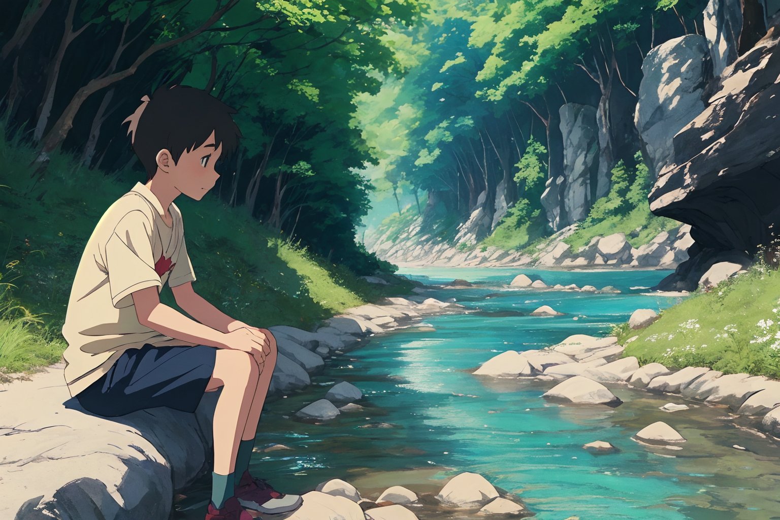 close photograph of a boy sitting beside a river, sunny day studio ghibli style,  <lora:GhibliStyleLora2ndsetreal10:1>