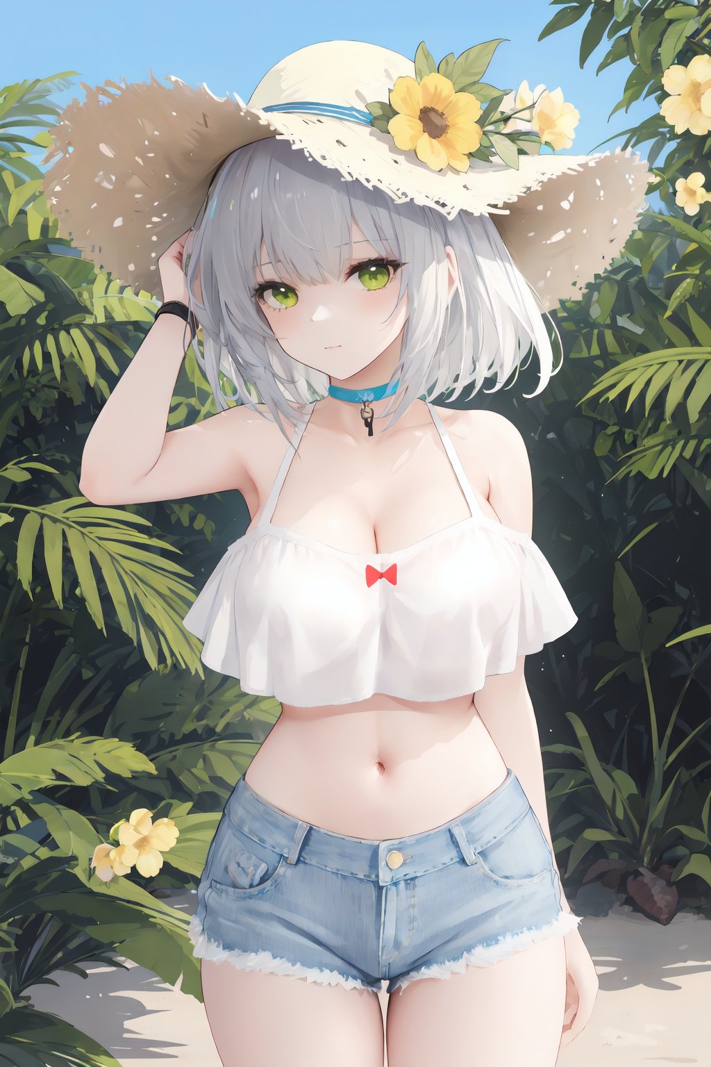 1girl, breasts, solo, green eyes, hat flower, kal'tsit \(arknights\), cleavage, large breasts, short hair, navel, looking at viewer, blue shorts, midriff, denim, Gray hair, choker, cowboy shot, bare shoulders, wristband, sun hat, crop top, bangs, short shorts, fruit, hand on headwear, food, medium hair, arm behind back, thighs, denim shorts, stomach, yellow flower, arm up, collarbone, agm style, hy45seo, fryh127sa, segtb453qok, fgn42yma, kef45ft1