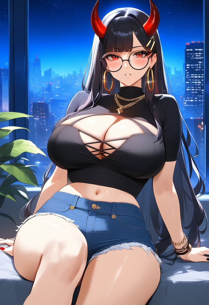 <lora:CYR 0.3v:1.3>, detailed,masterpiece, best quality,1girl, breasts, jewelry, horns, shorts, red eyes, solo, black hair, cleavage, long hair, earrings, glasses, looking at viewer, sitting, necklace, navel, shirt, hair ornament, large breasts, clothing cutout, denim, night, bangs, thighs, hairclip, bracelet, parted lips, cleavage cutout, denim shorts, black shirt, short sleeves, very long hair, midriff, short shorts, hoop earrings, crop top, sky, round eyewear, oni horns, night sky, cityscape, red horns, blue shorts, blunt bangs, nail polish, plant, arm support, cutoffs, blush, star (sky), outdoors