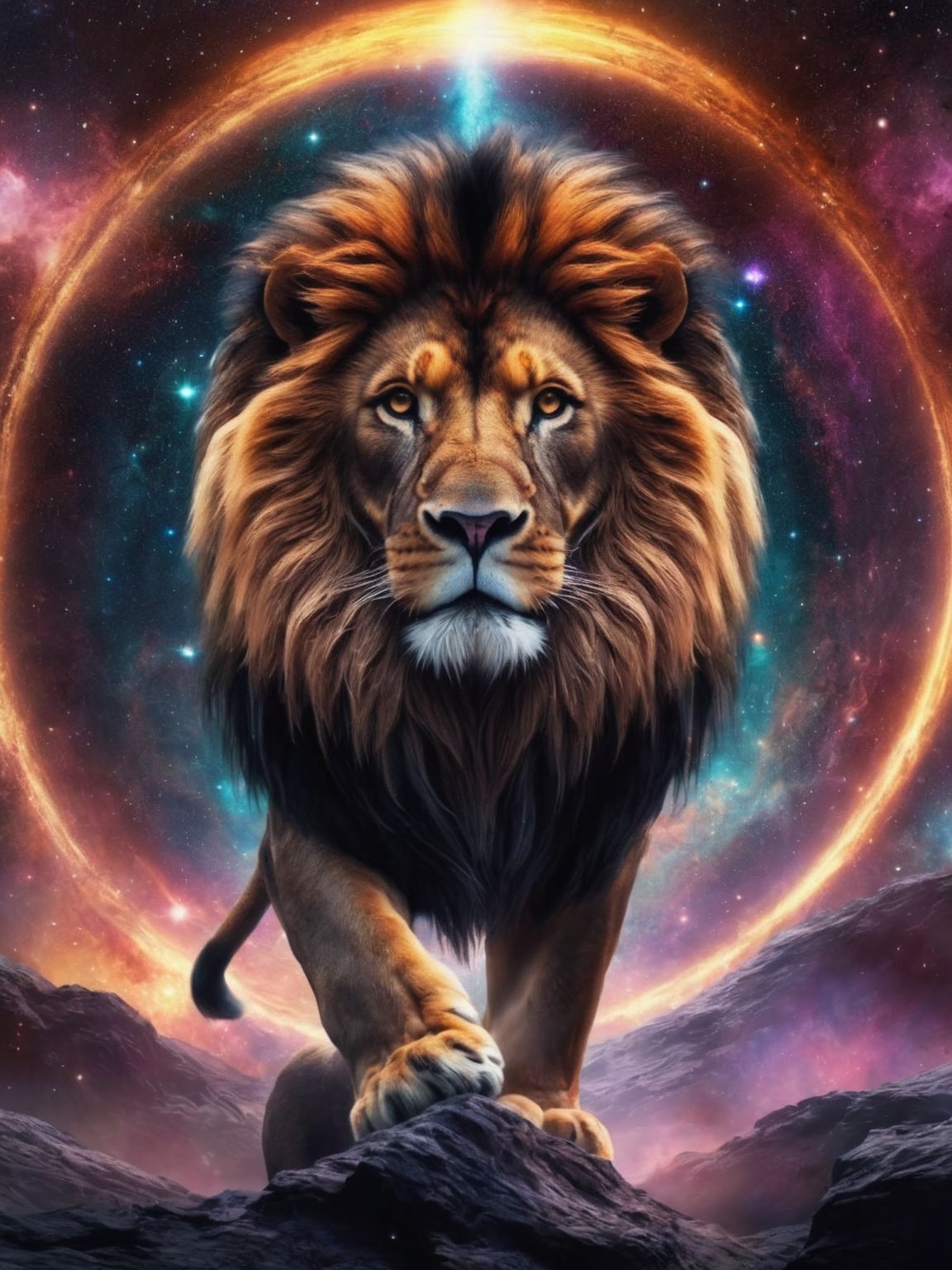 A large cosmic lion who is black in color who is an amazing companion he is coming through a portal<lora:GoodPhotoV1.0_alpha1.0_rank8_noxattn_700steps:1>