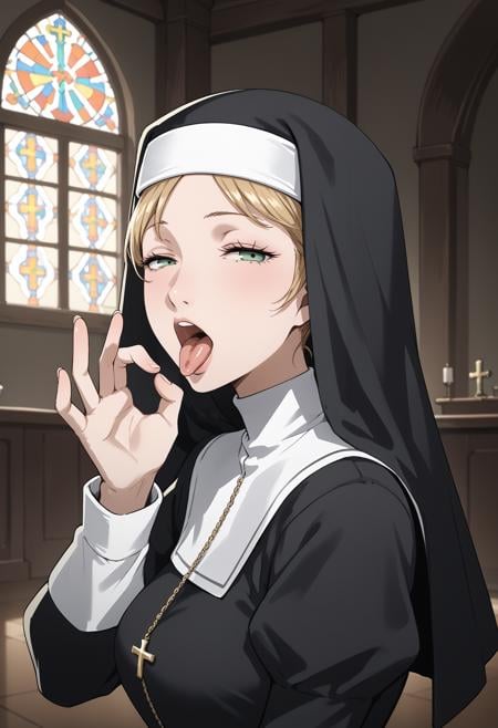 score_9, score_8_up, score_7_up, indoors, 1girl, solo, looking at viewer, nun, nun dress, medium breasts, from side, fellatio gesture, half-closed eyes, tongue out, open mouth,