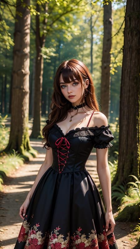 (masterpiece drawning, high quality), (solo:1.1), a digital art of a girl, high detailed gothic dress, (red/white/black), mistery forest, extreme details, (vibrant color), (random background), depth of field