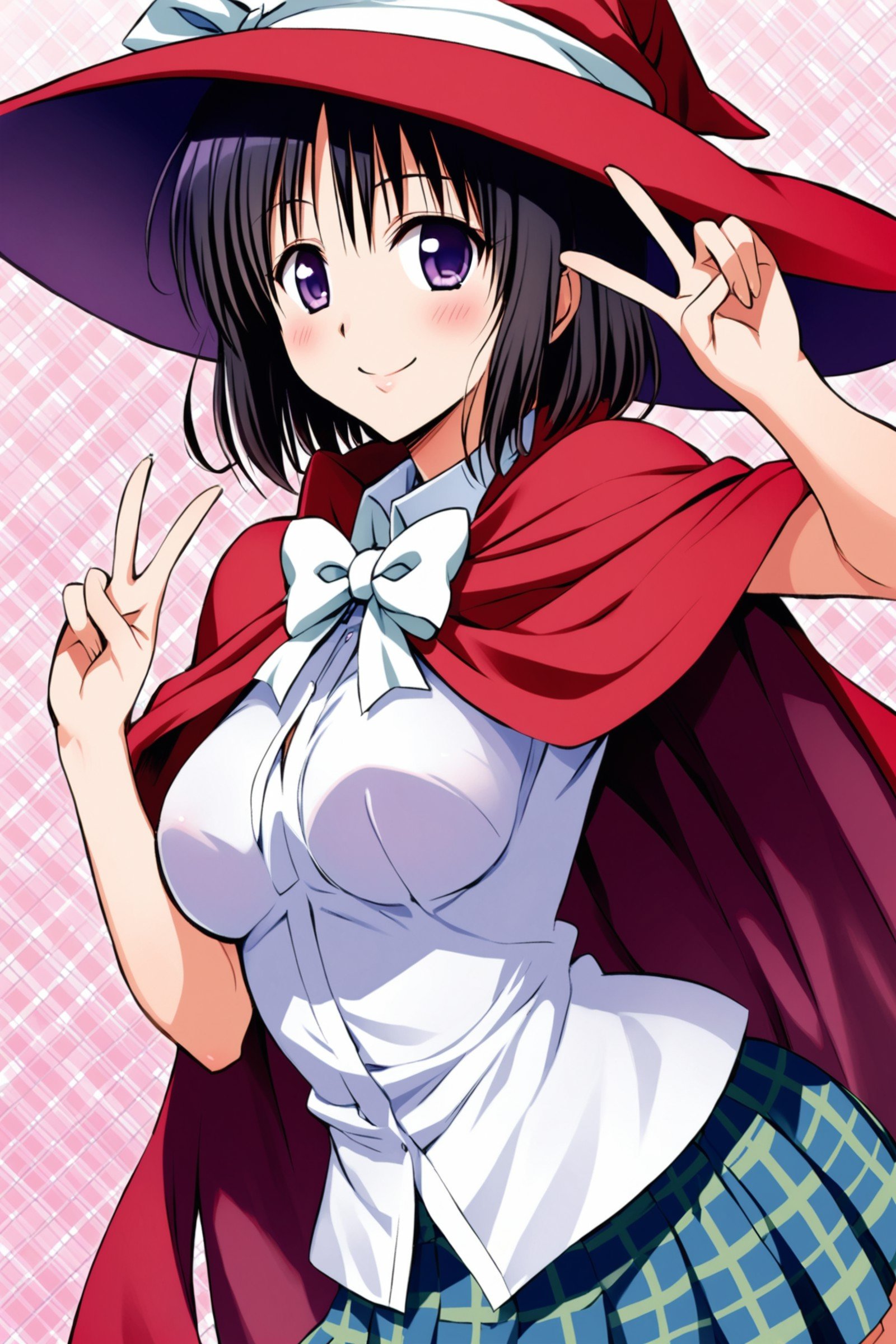 Kirizaki Kyoko,1girl,solo,red hat,black hair,skirt,blue skirt,purple eyes,witch hat,red cape,smile,looking at viewer,short hair,white background,simple background,pleated skirt,v,white bow,blush,breasts,plaid skirt,plaid,white shirt,cowboy shot,<lora:Yabuki Kentarou_XL_netaArt:0.8>,