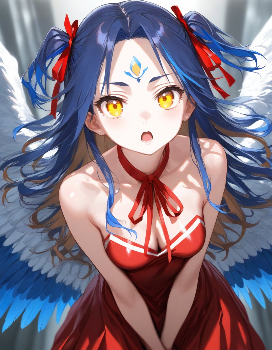 1girl, bare shoulders, blue hair, breasts, brown hair, dress, facial mark, feathered wings, forehead mark, hair ribbon, horns, long hair, looking at viewer, medium breasts, multicolored hair, open mouth, parted bangs, red dress, ribbon, solo, two-tone hair, two side up, wings, yellow eyes 