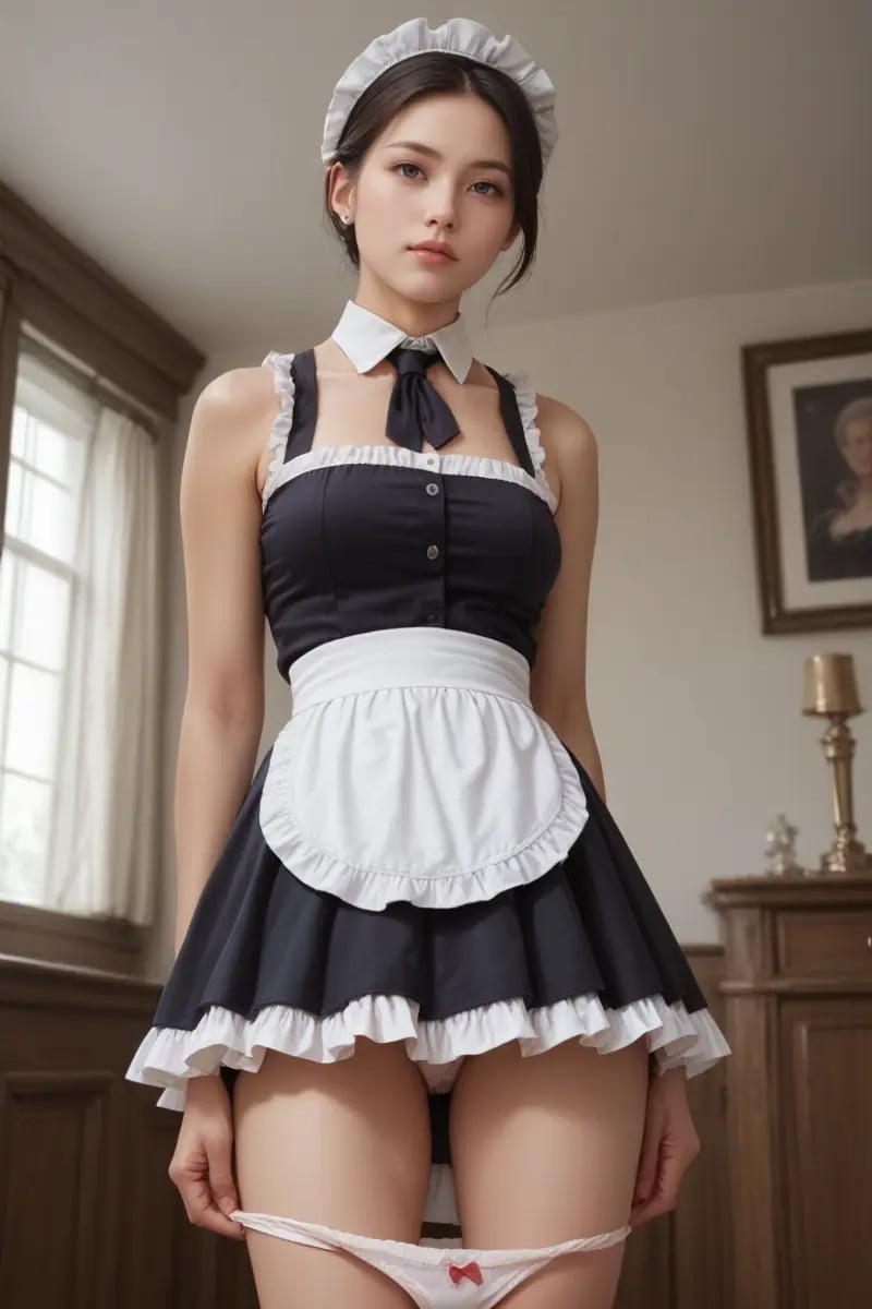 score_9, score_8_up, score_7_up,indoors, 18 years old,1girl,maid, very short skirt, panties down, upskirt,