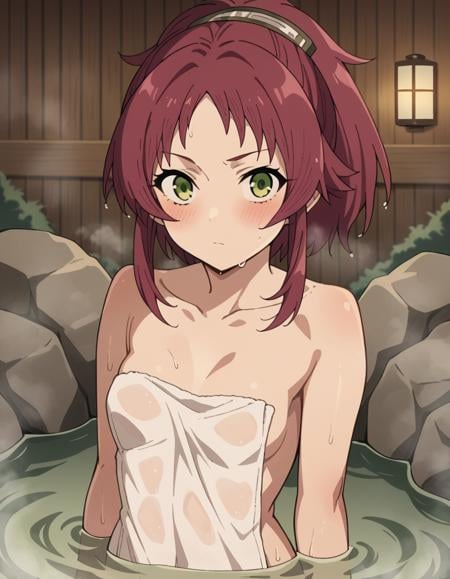 score_9, score_8_up, score_7_up, source_anime,aishagreyrat, <lora:aisha-greyrat-s2-ponyxl-lora-nochekaiser:1>,aisha greyrat, green eyes, ponytail, red hair,nude, naked, small breasts,outdoors, onsen, towel, naked towel, steam, bathing, nude cover, partially submerged, water, bath, steam censor, wet towel, blush,solo, dutch angle, looking at viewer, cowboy shot,