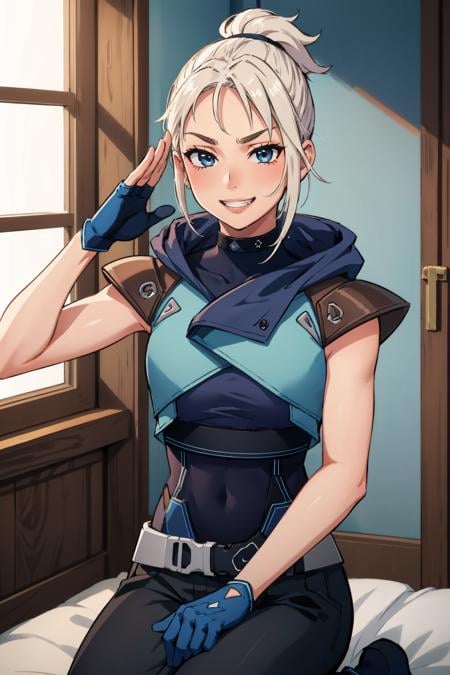 masterpiece, best quality, 1girl, <lora:valorantjett-nvwls-v1-000009:0.9> valorantJett, short ponytail, blue jacket, sleeveless, cropped jacket, black bodysuit, belt, black pants, black gloves, smile, seiza, furrowed brow, grin, salute, indoors, looking at viewer, 