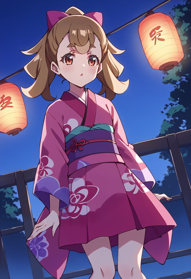 score_9, score_8_up, score_7_up, source_anime, BREAKinukai komugi, 1girl, solo, japanese clothes, kimono, tree, long hair, brown hair, pink kimono, dutch angle, hair bow, looking at viewer, open mouth, :o, outdoors, brown eyes, short kimono, standing, eyelashes, sash, obi, yukata, cloud, ponytail, night, light brown hair, pink bow, long sleeves, red eyes, paper lantern, arms at sides, bangs, feet out of frame, hair ribbon, anime coloring, twilight, blue sky, red bow, from below, short yukata, shiny hair, blush, parted lips, print kimono, fence, sunset, twintails, high ponytail, lamppost, pink ribbon, blonde hair, pink skirt, orange eyes, wide sleeves, night sky, railing, kimono skirt, gradient sky, day, pink dress, bare legs, thick eyebrows, purple kimono<lora:cure_wonderful_inukai_komugi_sdxl_locon_pony_v1:0.7>